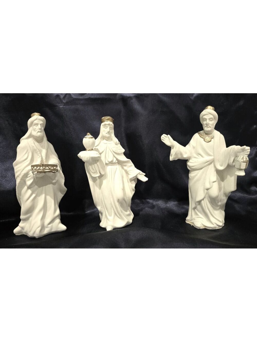 Vintage White Ceramic Nativity Wise Men Figurines Set of 3 with Gold Accents, 6"